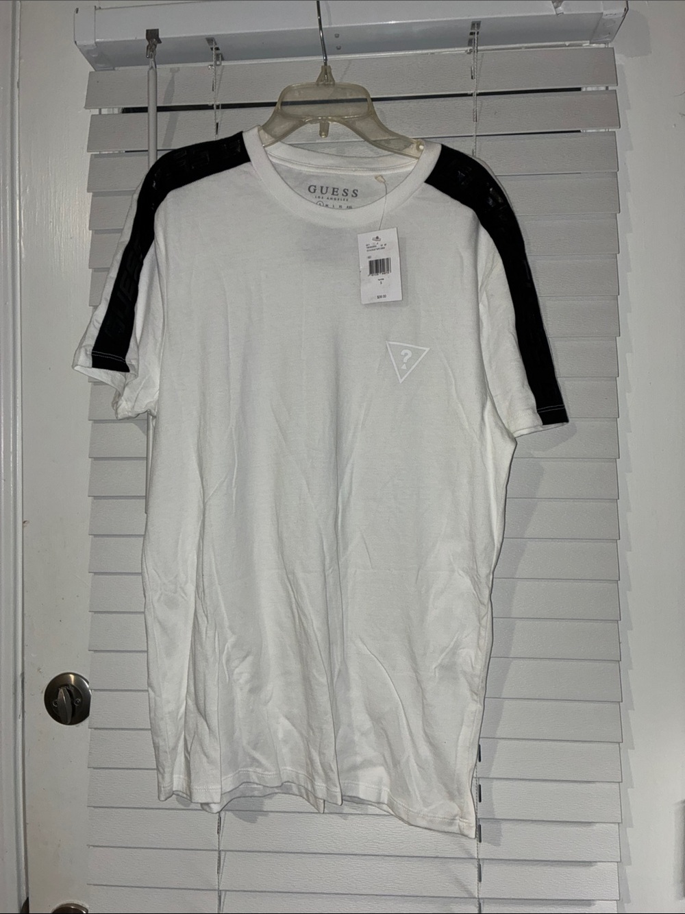 Guess Men’s White Short-Sleeve Tee with Black Shoulder Panels - Picture 1 of 8